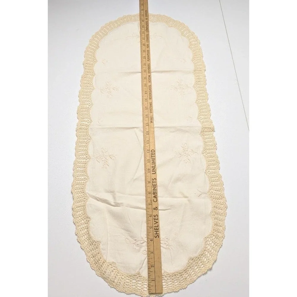 Vintage Cream Floral Embroidered Table Runner Crochet Trim